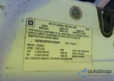 1996 Chevrolet Gmt-400 C2500 from USA, damaged, VIN 1GCGC29F8TE182367